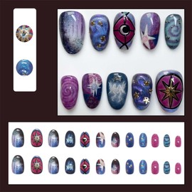 ONPRESS 24Pcs Starry Sky Press on Nails Short Almond Fake Nails with Stat Moon Design Irregular Geometry Patterns Glue on Nails Blue Purple Stick on Nail Glossy Full Cover Acrylic Nail for Women Decor