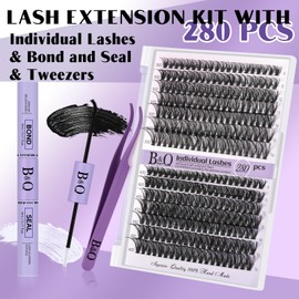 DIY Lash Extension Kit 280pcs Individual Lashes Cluster B&Q D Curl Eyelash Extension Kit Lash Clusters with Lash Bond and Seal and Lash Applicator Tool for Self Application (KIT,30D40D-0.07D-9-16MIX)