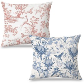 Exqcom Vintage Toile De Bird Floral Jouy Pillow Covers 18x18 Set of 2, Red and Blue French Country Throw Pillow Covers for Home Bedroom Living Room, Gifts for Bird Lovers Women