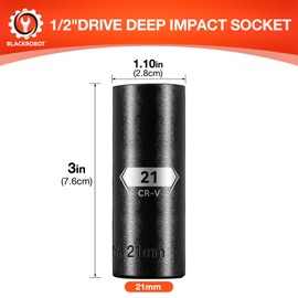 Blackrobot 1/2 Inch Drive 6-Point Deep Socket, 21mm, CR-V Steel