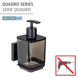 WENKO Quadro Soap Dispenser 340 ml Plastic with Stainless Steel Holder Easy Installation No Drilling for Bathroom and Kitchen Black