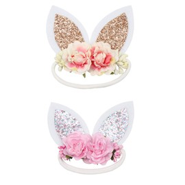 Girls Spring Bunny Ears Headband Birthday Flower Crown Woodland Floral Head Piece (Gold Tone and Silver Tone Ears)