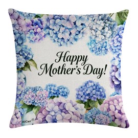 AliCarr Happy Mothers Day Decorative Throw Pillow Covers - Hydrangea Spring Floral Design Cushion Cover, 18x18 Inch Square Throw Pillowcase for Home Decor Gifts 1pc(Hydrangea)