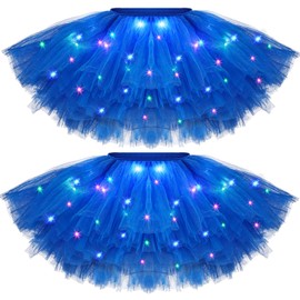 2 Pack LED Tutu Skirt Light up Tutus 5 Layered Tutus for Women 80's Neon Tulle Skirt Party Carnival Costume Glitter(Royal Blue)