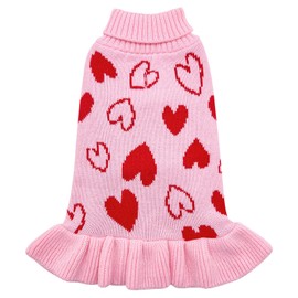 cyeollo Dog Sweater Dress Valentines Day Dog Clothes Knit Turtleneck with Leash Hole Heart Pattern Holiday Theme Female Pet Apparel for Small Dogs Cats