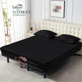 Flex Top King Fitted Sheets for Adjustable Beds 600 Thread Count Half Split 3 PC Fitted Sheet - Soft - King 32 Split Head Fitted Sheet Fits Upto 18 Inch Deep Pocket (Black)