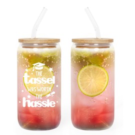 ONEVIVE Graduation Gifts for Her, Him,16 Oz Glass Cup Can Glass Tumbler Graduation gift for Girl Boy - The Tassel Was Worth The Hassle