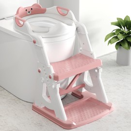 Vorykido Potty Training Seat, 2 in 1 Potty Training Toilet with Step Stool for Boys Girls, Toddler Toilet Seat with Stabilizer Crossbar, Anti-Slip Pads and Splash Guard, Pink