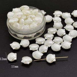 100PCS Pearl Shell Beads for Jewelry Making,Cute White Aesthetic Beads with Holes,Bulk Mermaid Accessories Women DIY Hair Clip Bracelet Resin Charms for Crafts 12mm