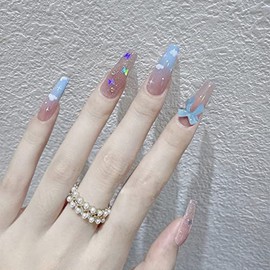 Nail Tips 24 Pcs Butterfly Clouds Long Fake Nails Make You More Nice Use for Wedding, Party, Holiday, Dating, Prom and Daily Life