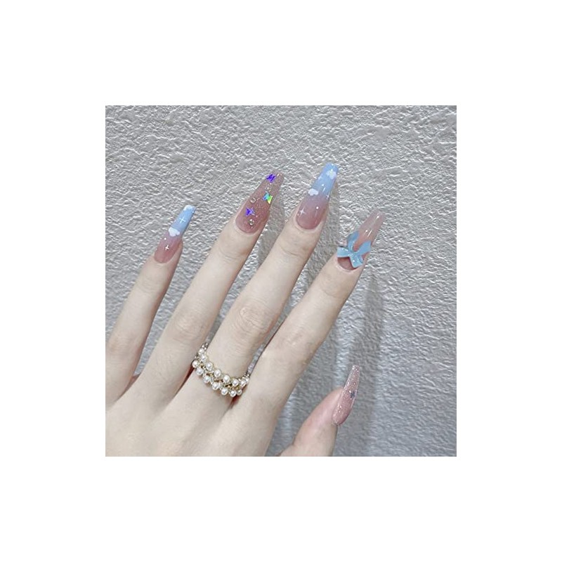Nail Tips 24 Pcs Butterfly Clouds Long Fake Nails Make