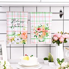 Homlouue 2 PCS Floral Kitchen Towels, Buffalo Plaid Dish Tea Towels, Spring Kitchen Hand Towels, 25×17 Inch Bless Our Home Decoration Hand Towels for Bathroom Home Dining Summer Decor Cooking Baking