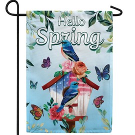 America Forever Hello Spring Garden Flag 12.5 x 18 inches Double Sided Butterflies, Bluebird, Birdhouse, Flowers - Seasonal Yard Lawn Outdoor Decorative Summer Floral Garden Flag