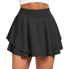 IUGA Tennis Skirt Pleated Skorts for Woman Double Ruffle Golf Skirts for Women Skort with Pockets Tummy Control Athletic Skirt Black