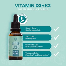 BitterLiebe Vitamin D3 K2 Tropfen hochdosiert und vegan - K2 Vitamin und hoch bioverfügbare Vitamin D3 - für starke Knoche und Immunsystem, fördert Herz-Kreislauf-System und Muskelgesundheit (1)