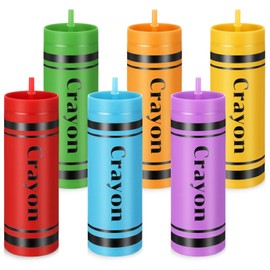 Baderke 6 Pcs Back to School Teacher Appreciation Gifts 16 oz Crayon Skinny Tumblers with Lid and Straw Plastic Reusable Colored Cup First Day of School Gifts for Student Classroom Home Office Outdoor