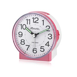 Ravel - Round Mid Sized Bedside Quartz Alarm Clock - RC039.5 - White/Metallic Pink