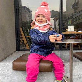 LACOFIA Baby Girls Winter Hat and Collar Scarf Set Knit Toddler Earflaps Beanie Kids Warm Fleece Lining Hat with Pompom, 2 Pack Pink 1-2 Years M