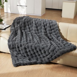 PLUUSHUU Faux Rabbit Fur Bubble Blanket, Fluffy Fuzzy Warm Throw Blanket for Couch, Soft Cozy Shaggy Plush Furry Blanket, Luxury Decorative Gifts for Sofa Bedroom Living Room, 60x50inch (Grey)