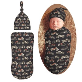 Muishi Motorcycles On Black Background Newborn Swaddle Blankets Hat Sets Soft Baby Receiving Blanket Swaddle Sack for Baby Shower Infant Boy Girl Gift