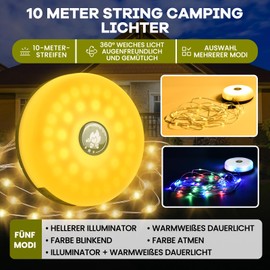 JONRRYIN Camping Fairy Lights Rollable, 10 m Waterproof Portable Stowable Fairy Lights for Outdoor Use with 8 Modes, Camping Lamp via USB with Hooks, Outdoor Fairy Lights for Camping and Hiking