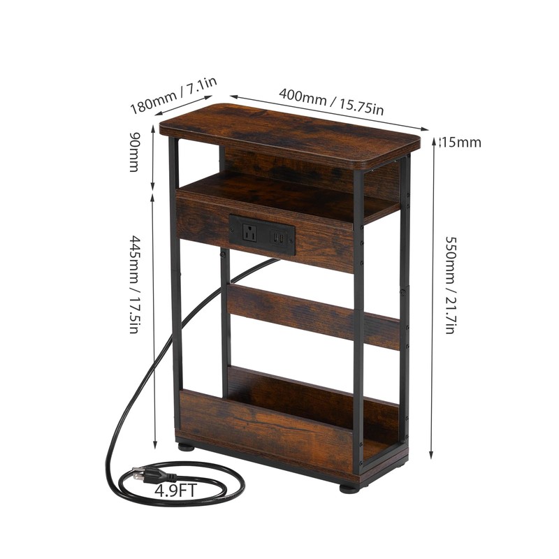 Narrow Side Table With Charging Station, 3-Tier End Table with