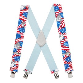 Suspender Store Novelty Statue of Liberty Flag Suspenders - 2-Inch Wide Elastic - X-Back - Gator Clip - 42" for 5'0" to 5'9" tall