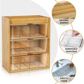 Tea Bag Organizer - Bamboo Tea Storage Organizer With Drawer 3 Layer, Tea Organizer for Tea Bags Natural Wood & Acrylic for Countertop Office Kitchen Cabinet Pantry - Size: 3 Layer
