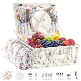 YPshuye Picnic Basket Set for 4 with Waterproof Picnic Blanket and Insulated Cooler, Large Wicker Picnic Hamper for Christmas, Camping, Outdoor, Valentine's Day, Birthday, Wedding Gift