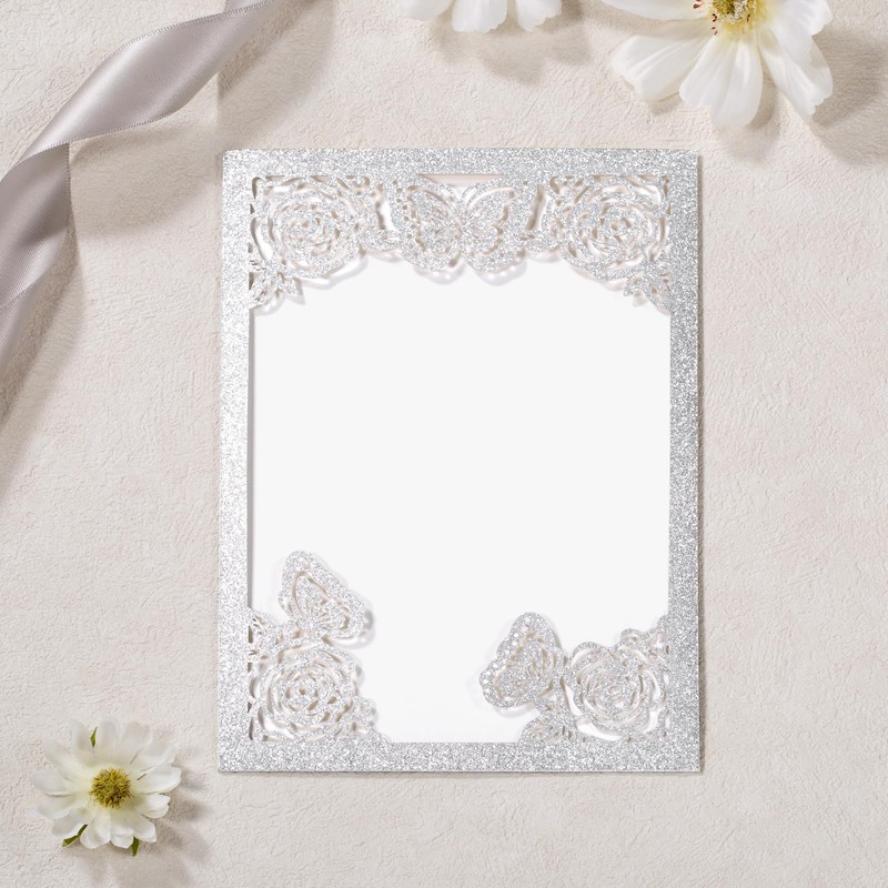 DORIS HOME 50Pcs Glitter Silver Butterfly Quinceanera Invitations, 5" x