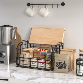 2 Set Stackable Wire Basket with Openable Top, Kitchen Counter, Pantry Organizer and Storage Produce Onion Potato Fruits Vegs Bread Food Snack Spice Organizing Bin for Cabinet Shelf Countertop Floor