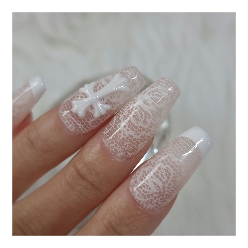 White Lace Handmade Nail Tips - Stiletto / 화이트 레이스