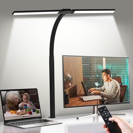 LED Desk Lamp for Home Office,24W Double Head Table Light with Adjustable Flexible Gooseneck,Dimmable Desktop Lamp with Clamp 5 Brightness 5 Color for Workbench Reading Study Computer Monitor