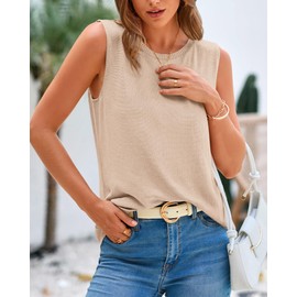 BTFBM Women's Sleeveless Sweater Vest 2025 Summer Crew Neck Ribbed Knit Lightweight Pullover Casual Loose Fit Tank Tops(Light Khaki, Medium)