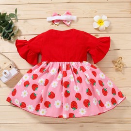 Muzuld Baby Cute Toddler Trumpet Sleeve Fruit Banana Strawberry Print Dress + Headband Girls Flare Sleeve Dresses 1-3 Years