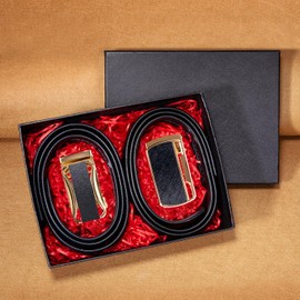 Barry.Wang Mens Ratchet Belt 2 Pack Black Leather Belts Gold Buckles Slide Adjustable Strap Golf Business Party Trim To Fit