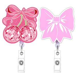 Cosmisun Pink Bow Badge Reel - 2Pcs Conquette Badge Holder Cute Glitter Retractable Clip Pink Coquete Bow Retractable Badge Holders with ID Clip for Lover Nurse Student Doctors Teacher Office Worker