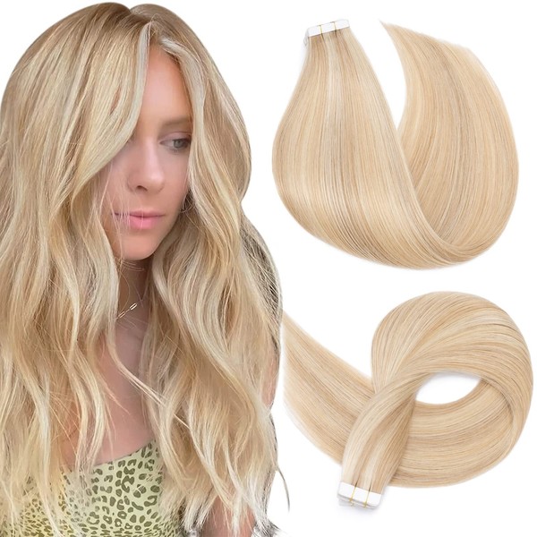 Tape Extensions Real Hair Skin Weft Remy Glue in Extensions Real Hair Invisible Double-Sided Extension Real Hair Tape Camel Light Gold Mixed 18P613 20 Pieces 50 g 55 cm