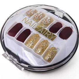 COLORBIRD NAILFAIRY (041ZF) Nail Tips, Short, Burgundy Red, Gold, Cute, 30 Pieces