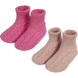 BenSorts Winter Slipper Socks for Women Gift Warm Cozy Fleece House Socks Non Skid with Grippers 2 Pairs Pink Rose Red Size 8.5 9 10 10.5
