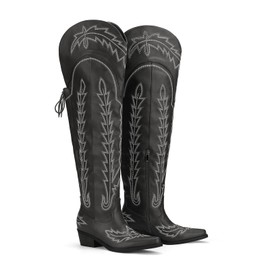 Krypthixor Black Thigh High Cowboy Boots With Lace Up Over The Knee Cowgirl Boot For Women Embroidered Western Boot With Side Zipper Comfortable Wide Calf Tall Boots Size 9.5