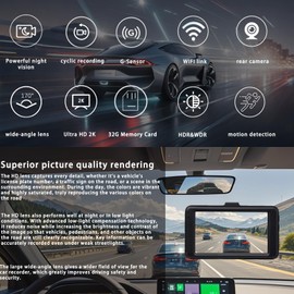 2K Ultra HD Dash Cam, WiFi, Dual Camera Car DVR with 32GB Card, Front and Rear Recording