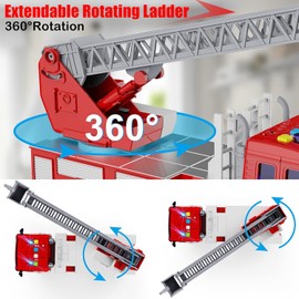 LESUNTINGY Fire Engine Toys, Large Fire Truck with Lights Sound Rescue Ladder, Friction Powered Large Toy Firetruck, Kids Big Trucks, Brithday for Children Age 3 4 5 6 7 8 Year Olds