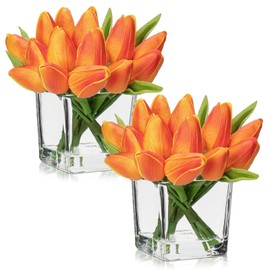 DILATATA Artificial Orange Tulips in Vase with Faux Water 5.5" Real Touch Flowers Fake Tulips Small Flowers Arrangement in Cube Glass Vase for Mother's Day Table Centerpiece Wedding Home Decor 2 Pack