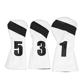 3PCS Golf Club Head Cover PU Leather Waterproof Protective Golf Headcovers Set with Plush Lining for Woods White