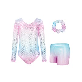 JiAmy Leotards for Girls Gymnastics, Long Sleeve Sparkly Dance Biketards with Shorts Ballet Tumbling Outfit Mermaid Scale 3-4 years