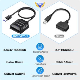 QWPVPYJY SATA to USB Adapter, USB 3.0 Hard Drive to USB Adapter for 2.5/3.5 inch HDD/SSD, USB to SATA Adapter, External Hard Drive Reader, 3.5 inch SSD Need 12V/2A Power Supply (with Power Supply)