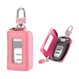 Gasedin Car Key Fob Case, Smart Key Fob Cover with Metal Hook & Transparent Window, Remote Key Fob Case Holder Keyring Zipper Bag (Pink)