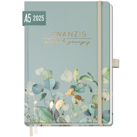 Häfft Häfft® Wochen-Notiz-Kalender 2025 A5 "Minty Leaves" Buchkalender, Terminplaner Notiz-Timer, Wochenkalender, Organizer, Terminkalender mit Einstecktasche - nachhaltig & klimafreundlich