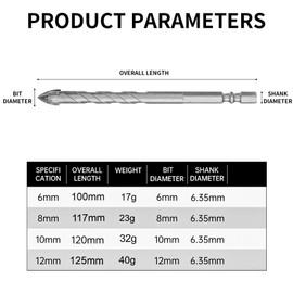 6pcs Four Edged Serrated Eccentric Drill Bits,High-strength Carbide Tips Four-Flute Sawtooth Eccentric Drill Bit Set 1/4" Hex Shank for Masonry Concrete Brick Metal Wood Tile Drills Bits,6,8,10,12mm